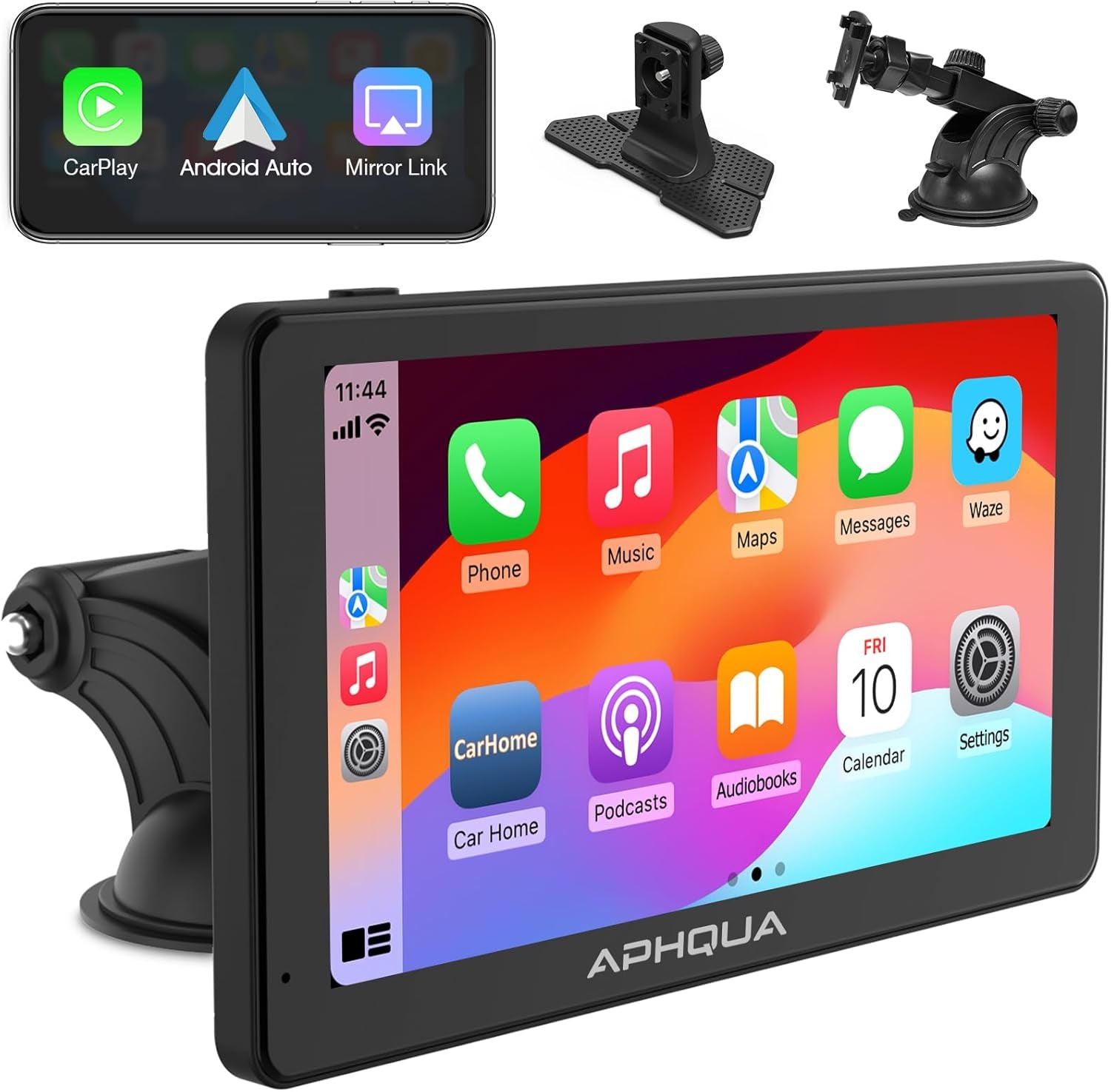 Latest Wireless Portable CarPlay and Android Auto System with Mirror Link, Bluetooth 5.0, Aux, FM, 7-Inch Display and Detachable Sunshade for All Vehicles